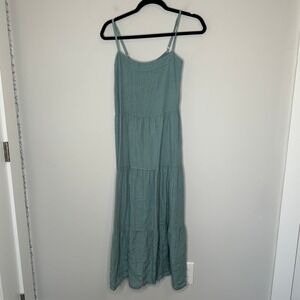 Bellambra Made in Italy Linen Tiered Midi Dress Medium Teal Spaghetti Strap‎